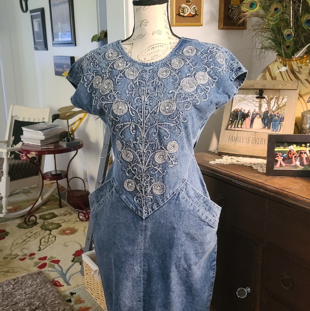 Vintage jean Dress 1990 pockets blue midi - Picture 14 of 15